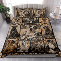 Great Dane quilt bedding set styled on a bedroom bed with realistic dogs, paw prints, and earthy rustic colors