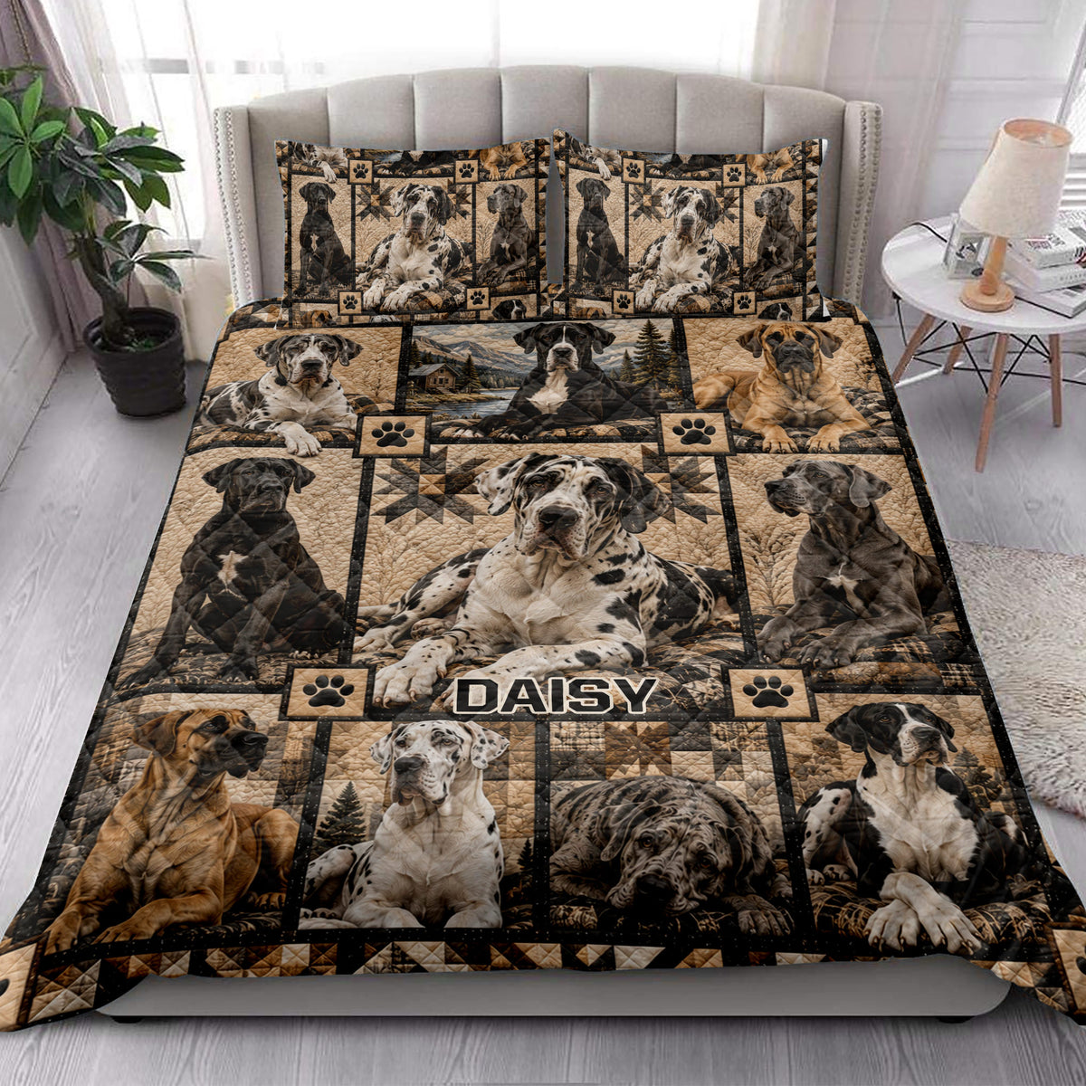 Great Dane quilt bedding set styled on a bedroom bed with realistic dogs, paw prints, and earthy rustic colors