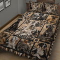 Great Dane quilt blanket spread across a bed with large dog portraits, mountain scenery, paw prints, and patchwork borders