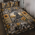 Great Dane quilt blanket displayed on a bed with sunflower panels and black-and-tan plaid accents