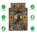 Great Dane quilt bedding set shown with sunflower artwork and visual care and quality feature icons