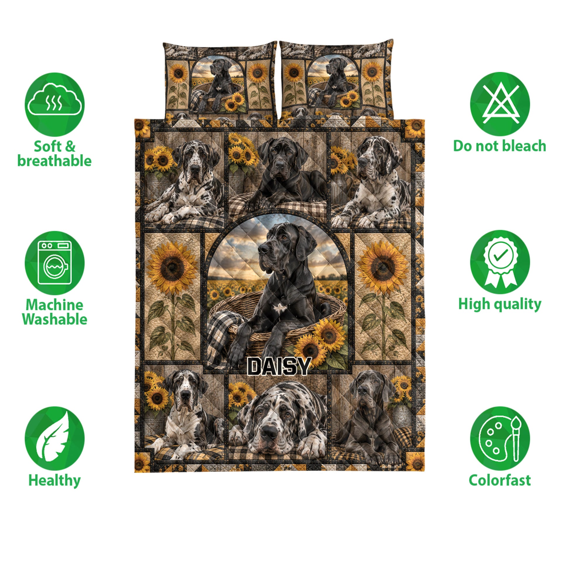 Great Dane quilt bedding set shown with sunflower artwork and visual care and quality feature icons
