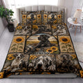 Great Dane quilt bedding set styled in a bright bedroom with sunflower and rustic dog artwork