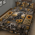 Great Dane quilt blanket spread across a bed with portrait panels, sunflowers, and warm farmhouse tones