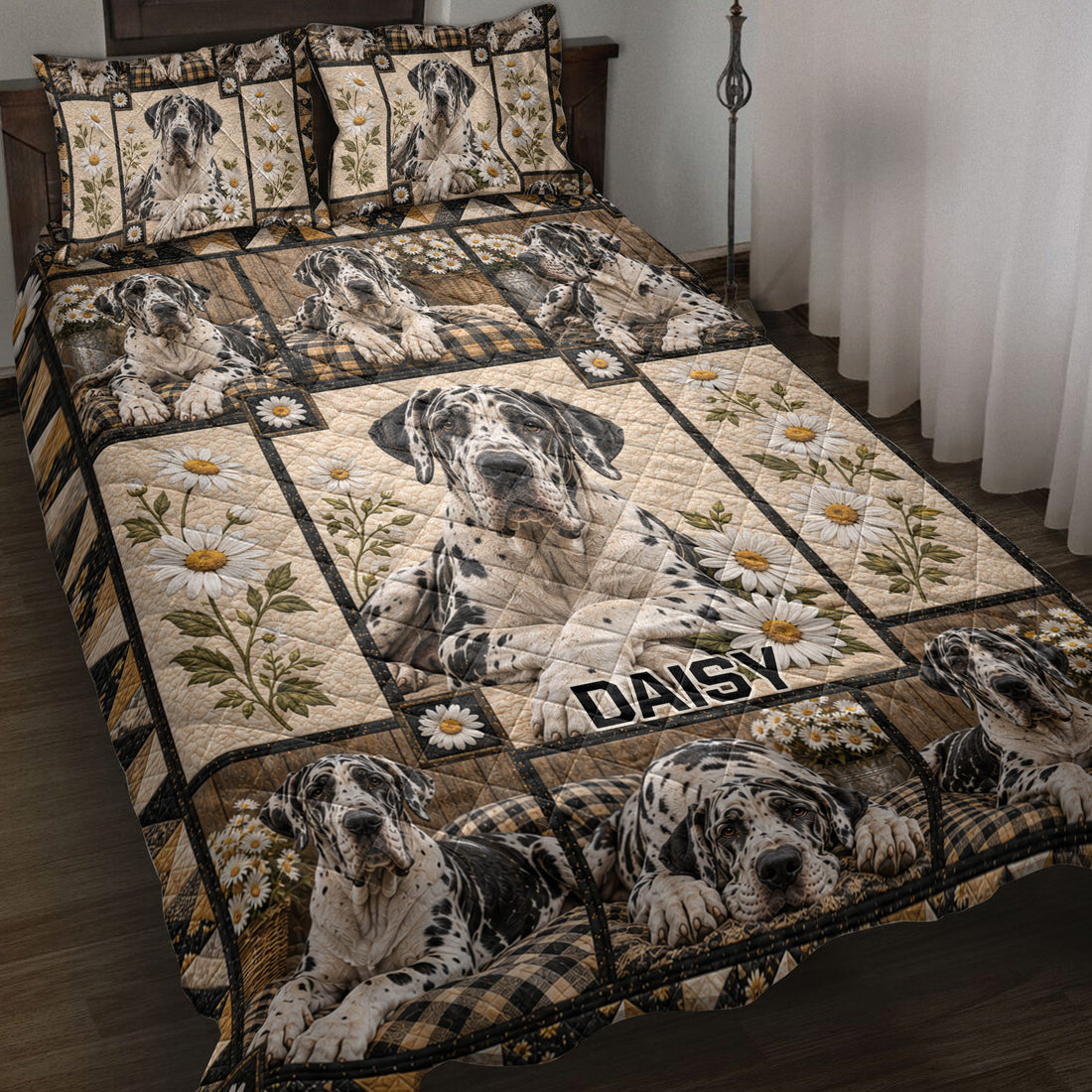 Great Dane quilt blanket displayed on a bed with daisies, plaid panels, and rustic black and tan artwork