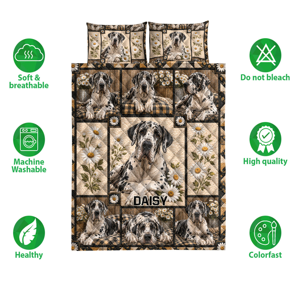 Great Dane quilt bedding set shown front-facing with daisy artwork and illustrated product feature icons