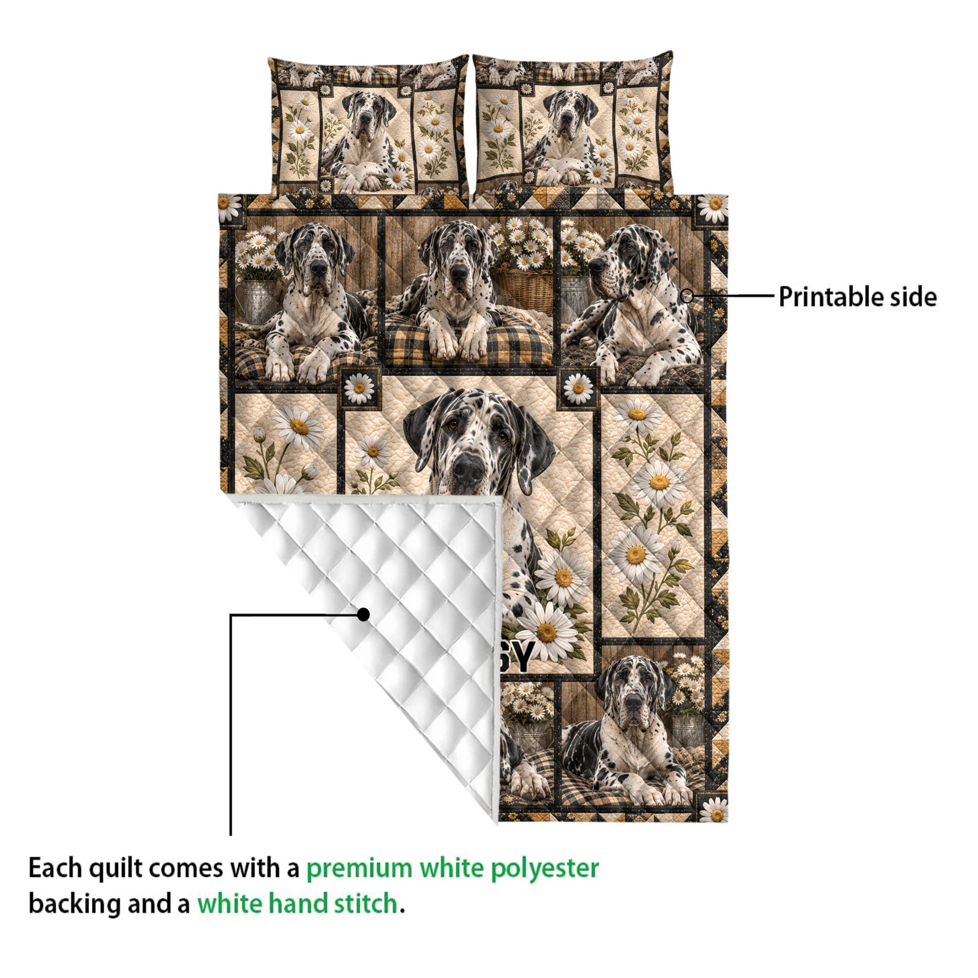 Great Dane quilt showing the printed front design and white quilted backing in a construction detail view