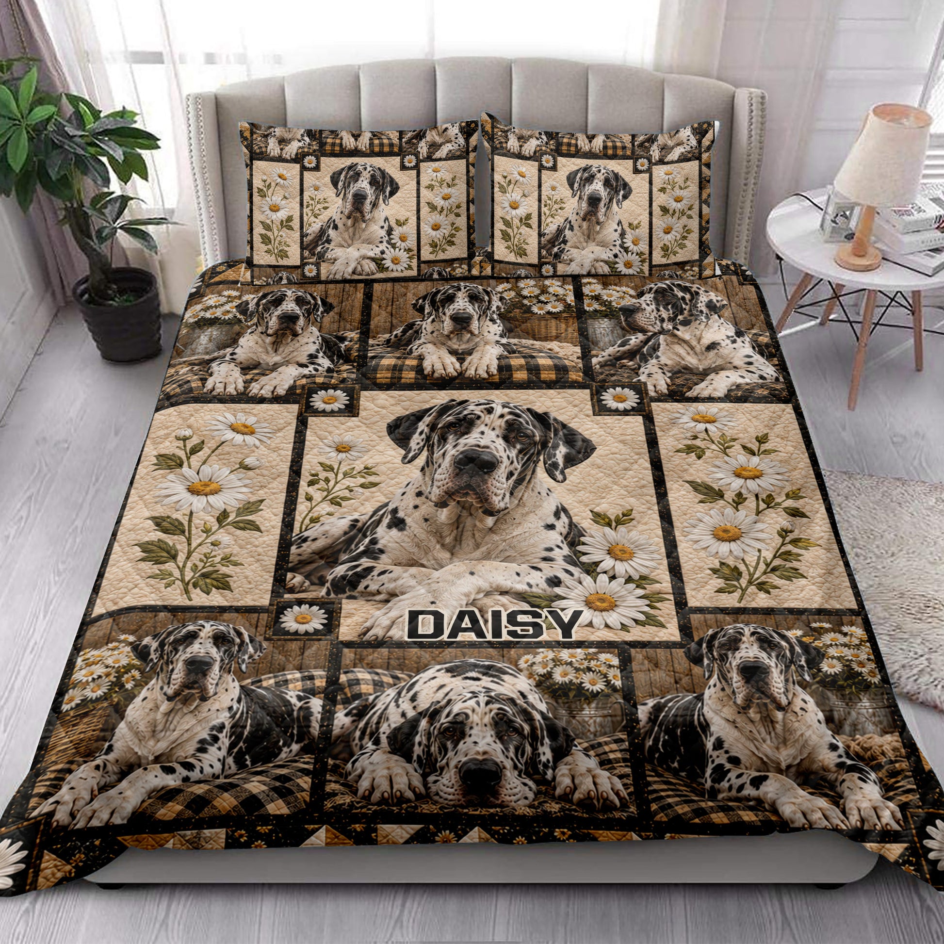 Great Dane quilt blanket styled in a bright bedroom with matching dog artwork and daisy accents