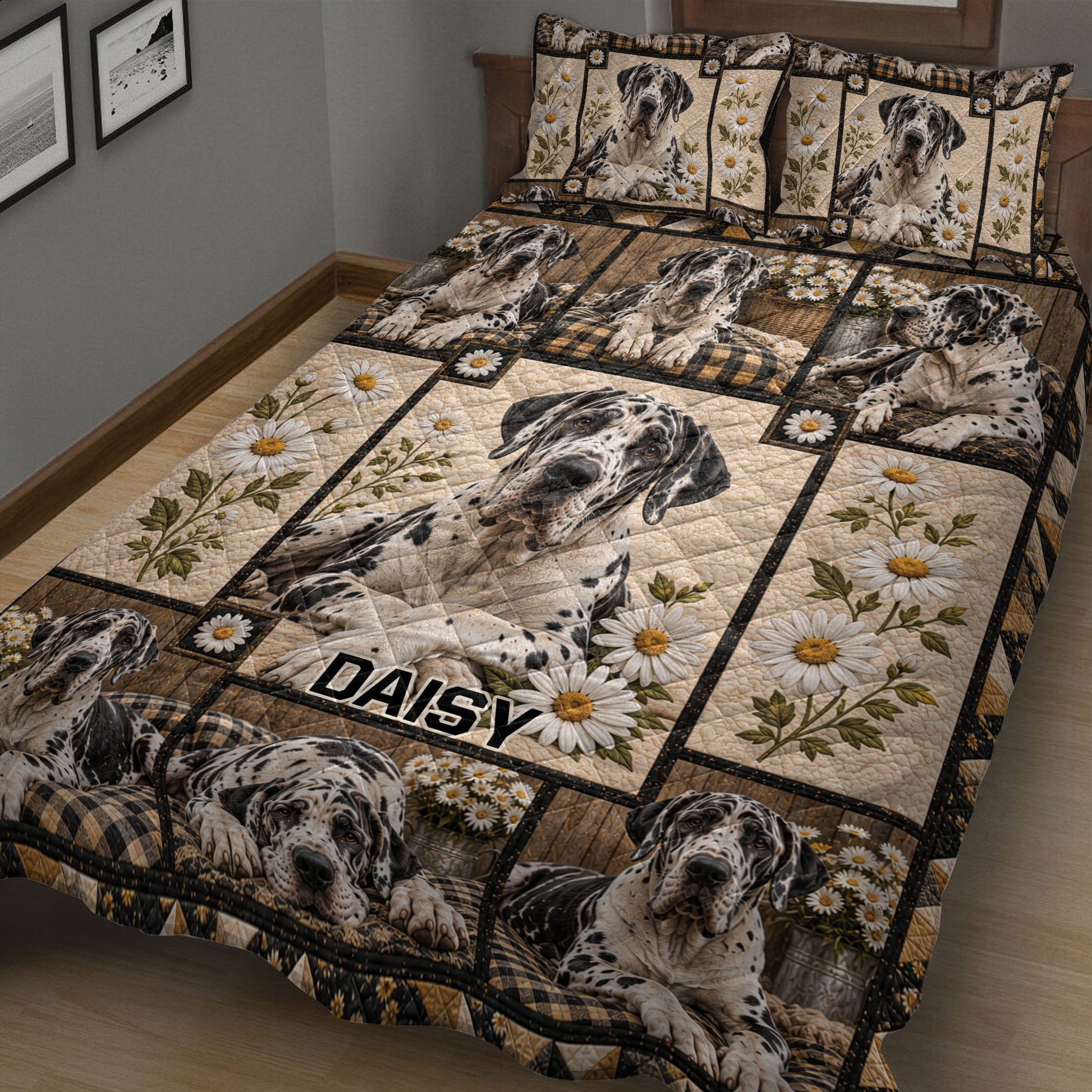 Close angled view of Great Dane quilt bedding with multiple dog portraits, daisies, and rustic plaid details