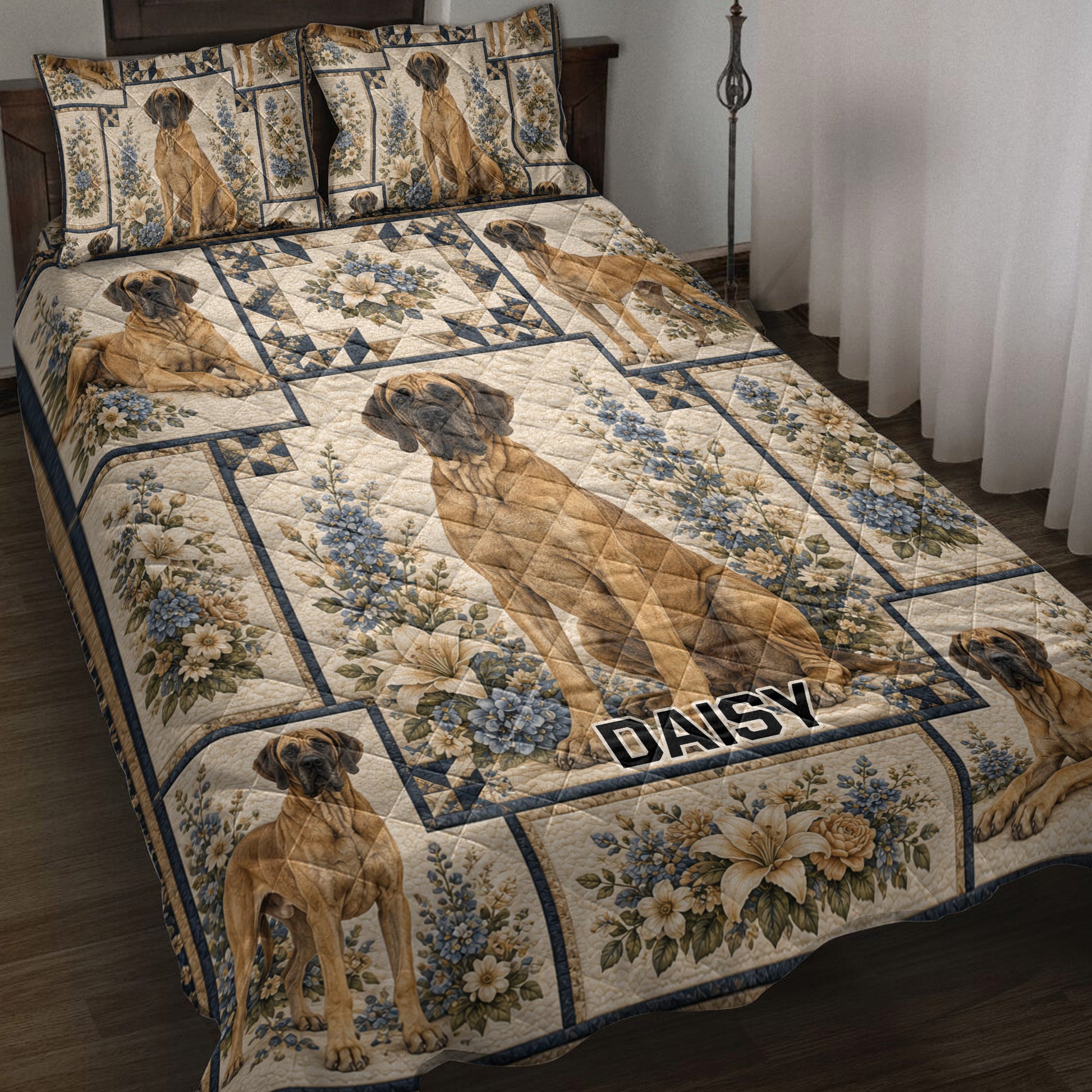Great Dane quilt blanket spread across a bed with floral panels and geometric borders