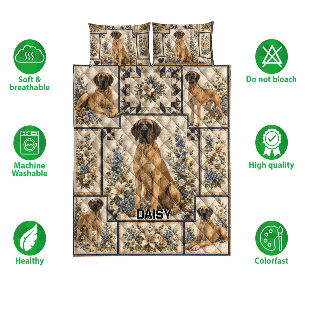 Great Dane quilt bedding set displayed with floral artwork and feature icons around the design
