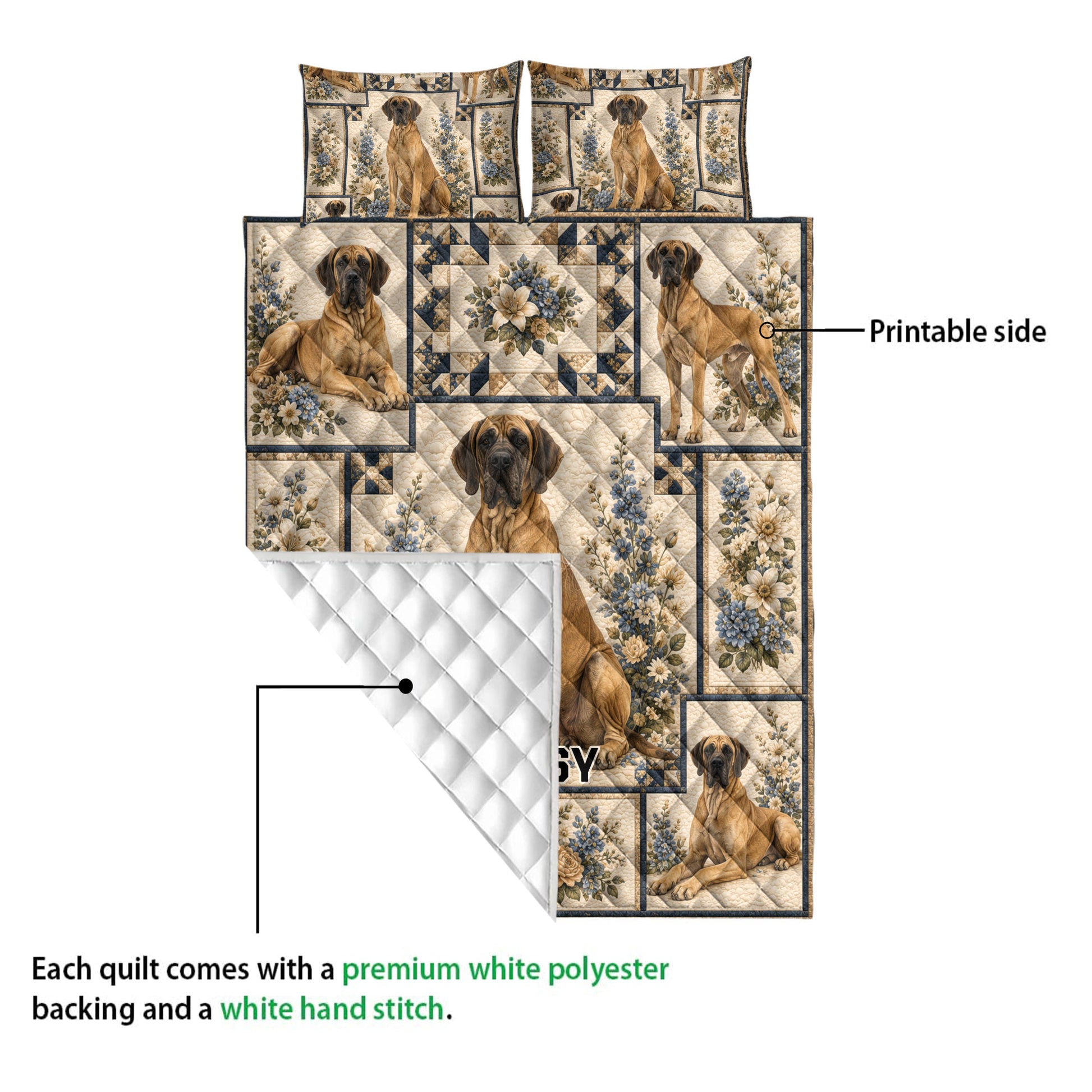 Great Dane quilt blanket detail showing the printed floral dog artwork and quilted white backing
