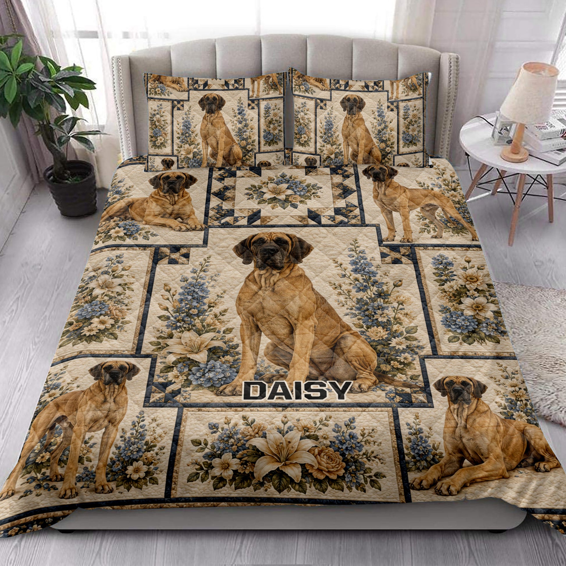 Great Dane floral quilt blanket styled on a bedroom bed with coordinating dog artwork