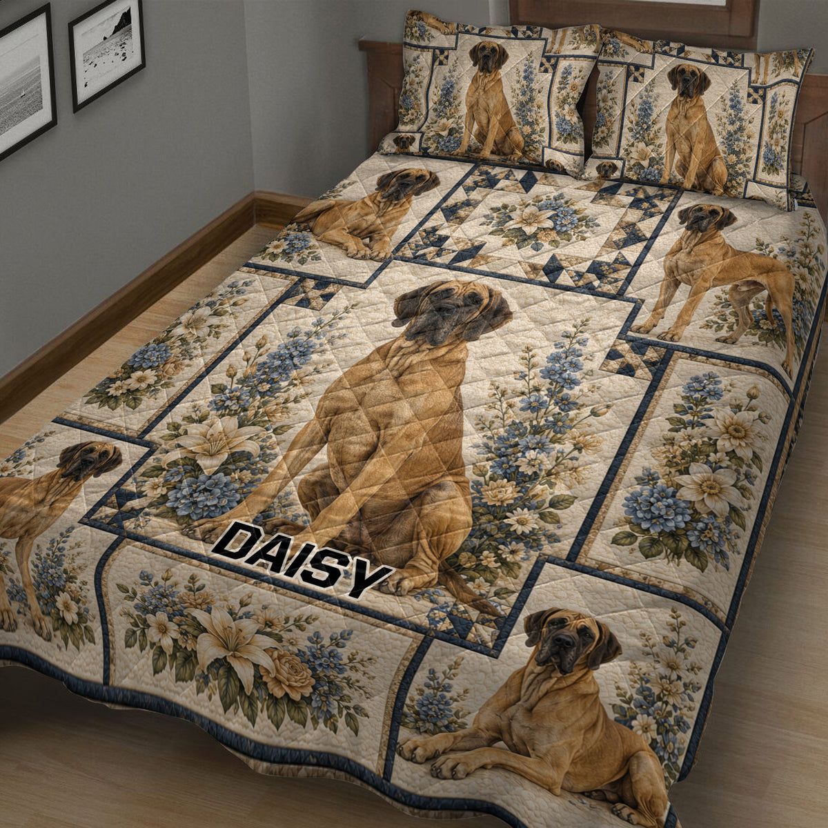 Close view of Great Dane quilt bedding with multiple dogs, blue flowers, and classic quilt blocks