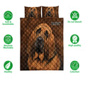 Bloodhound quilt bedding set shown front-facing with dog artwork and product feature icons