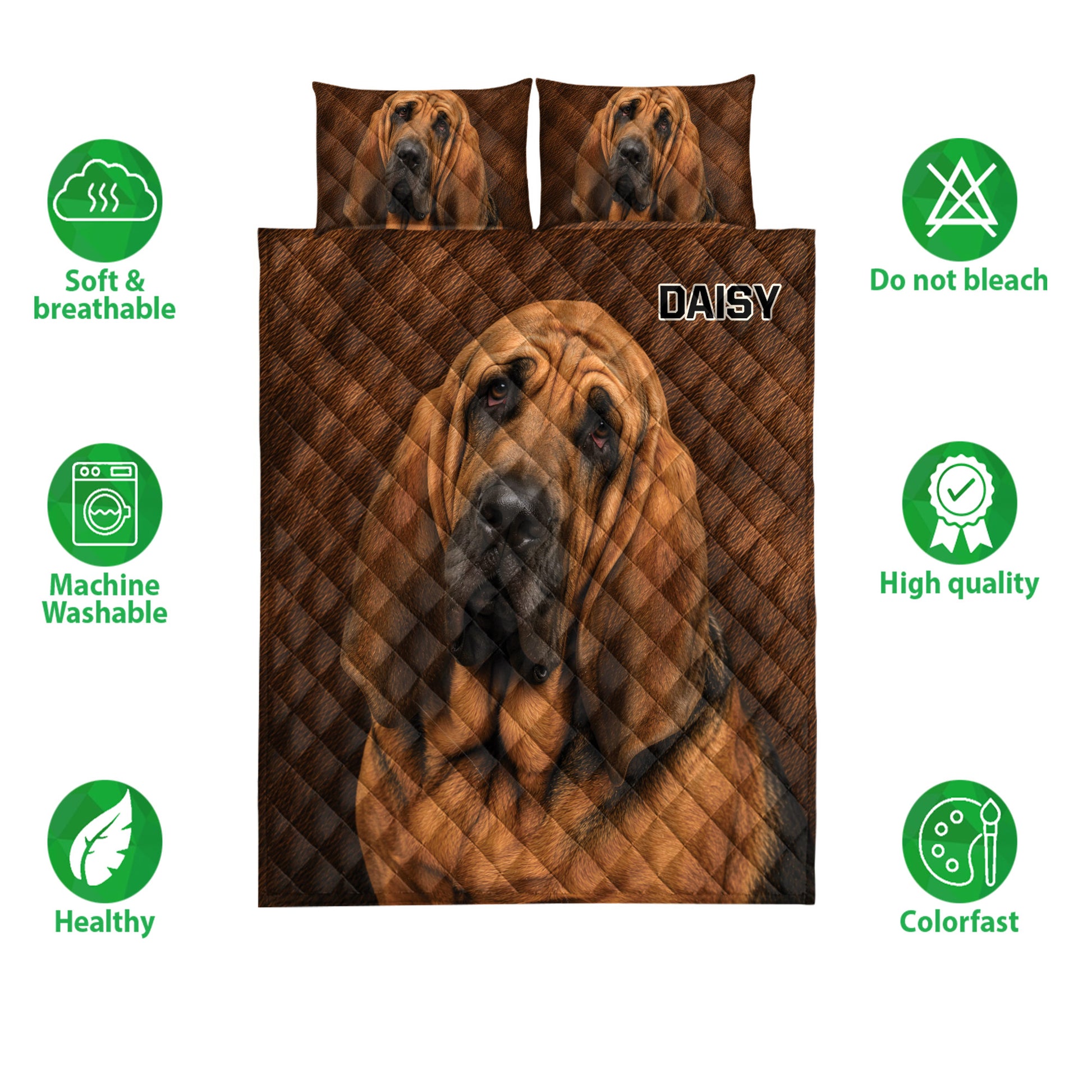 Bloodhound quilt bedding set shown front-facing with dog artwork and product feature icons