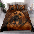 Bloodhound quilt bedding styled in a bright bedroom with large dog portrait artwork