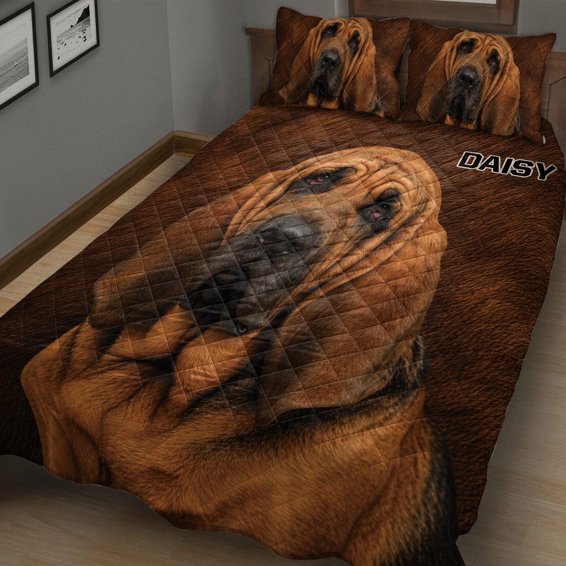 Close bedroom view of a Bloodhound quilt blanket with matching portrait pillows and brown fur texture