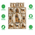 Bloodhound quilt bedding set shown with repeated dog artwork and product feature icons