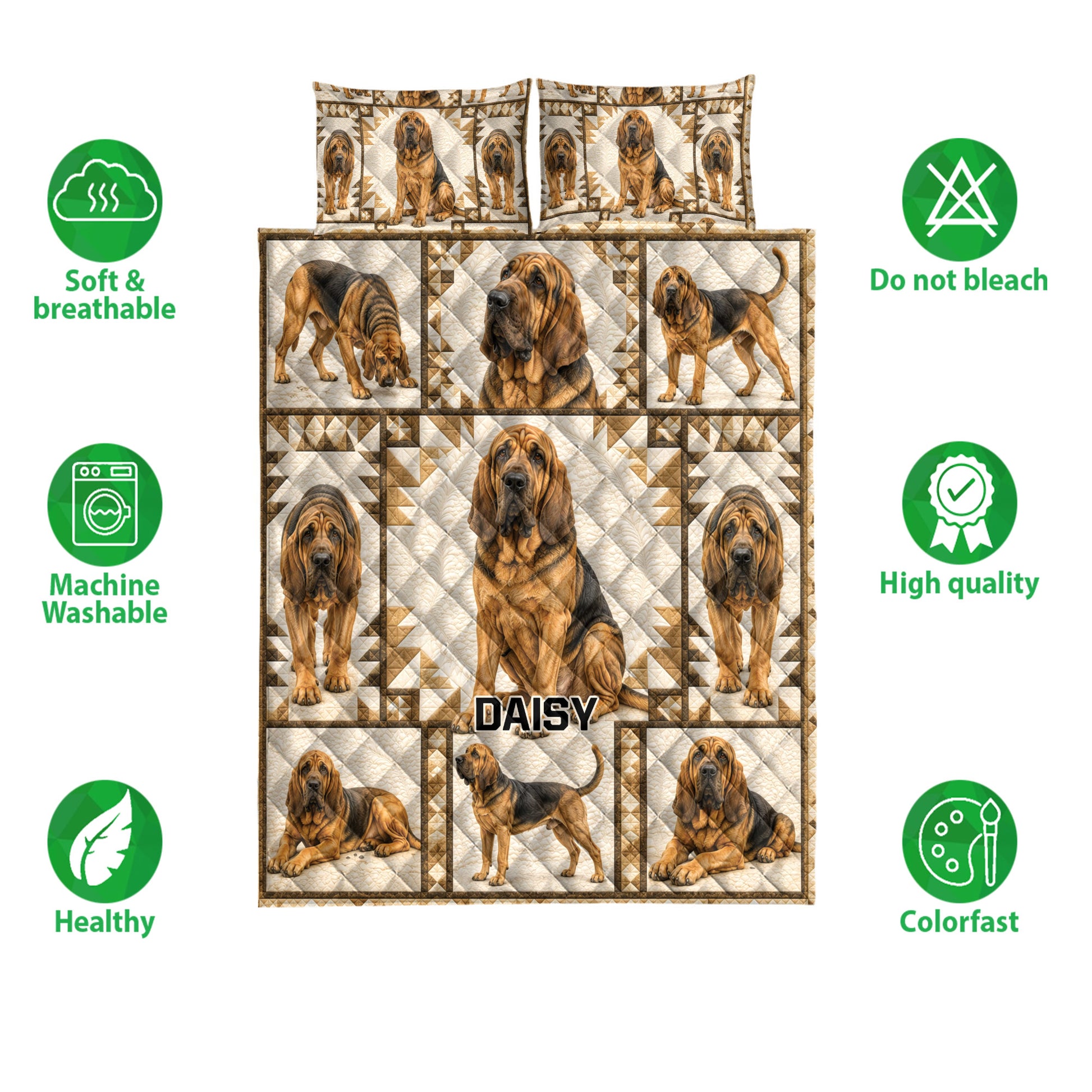 Bloodhound quilt bedding set shown with repeated dog artwork and product feature icons