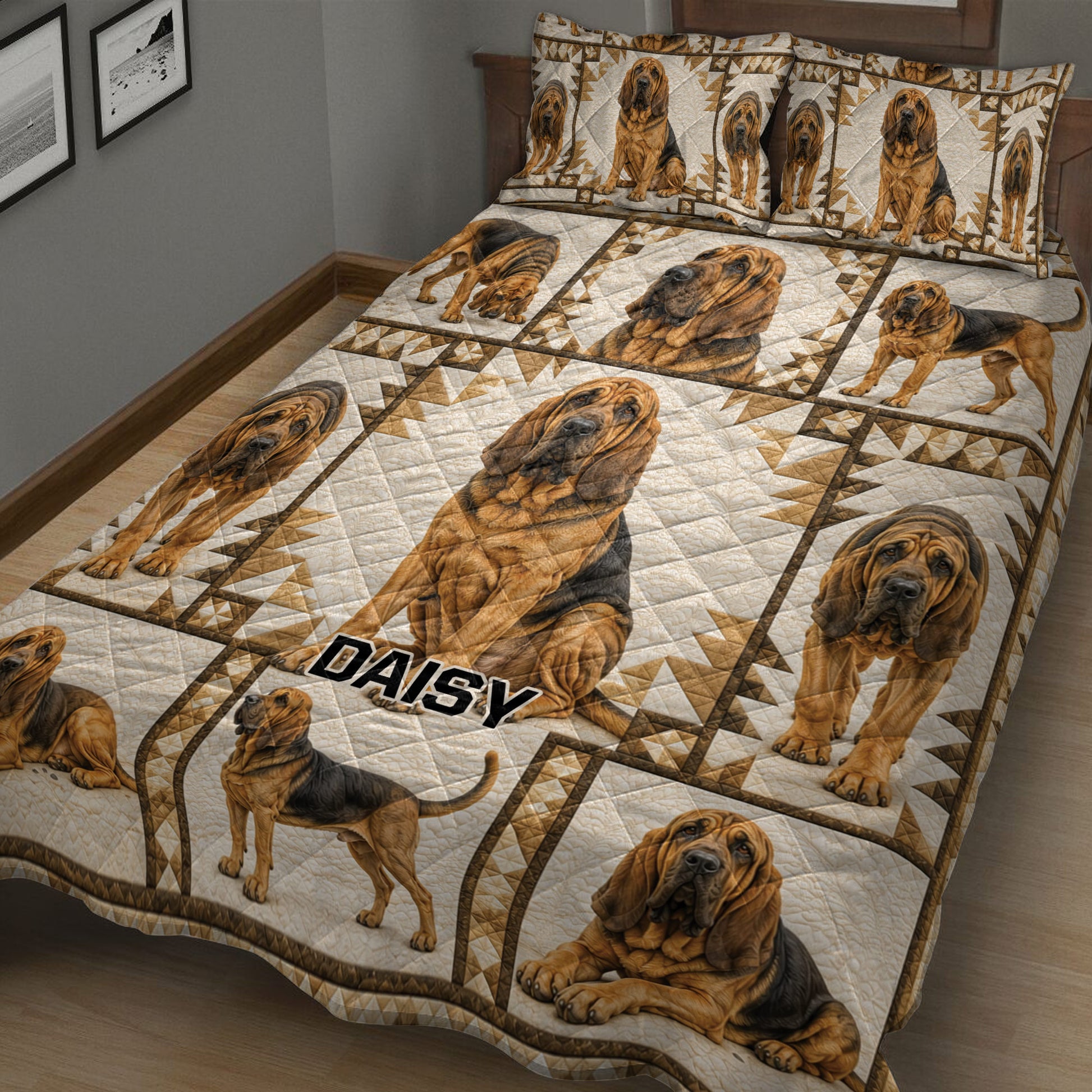 Close view of a Bloodhound quilt blanket with portrait and full-body dog artwork