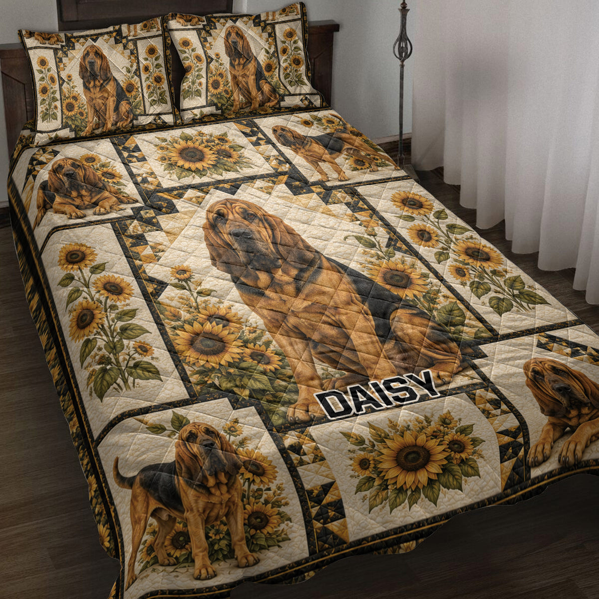 Bloodhound quilt blanket bedding set with sunflower artwork styled on a bedroom bed