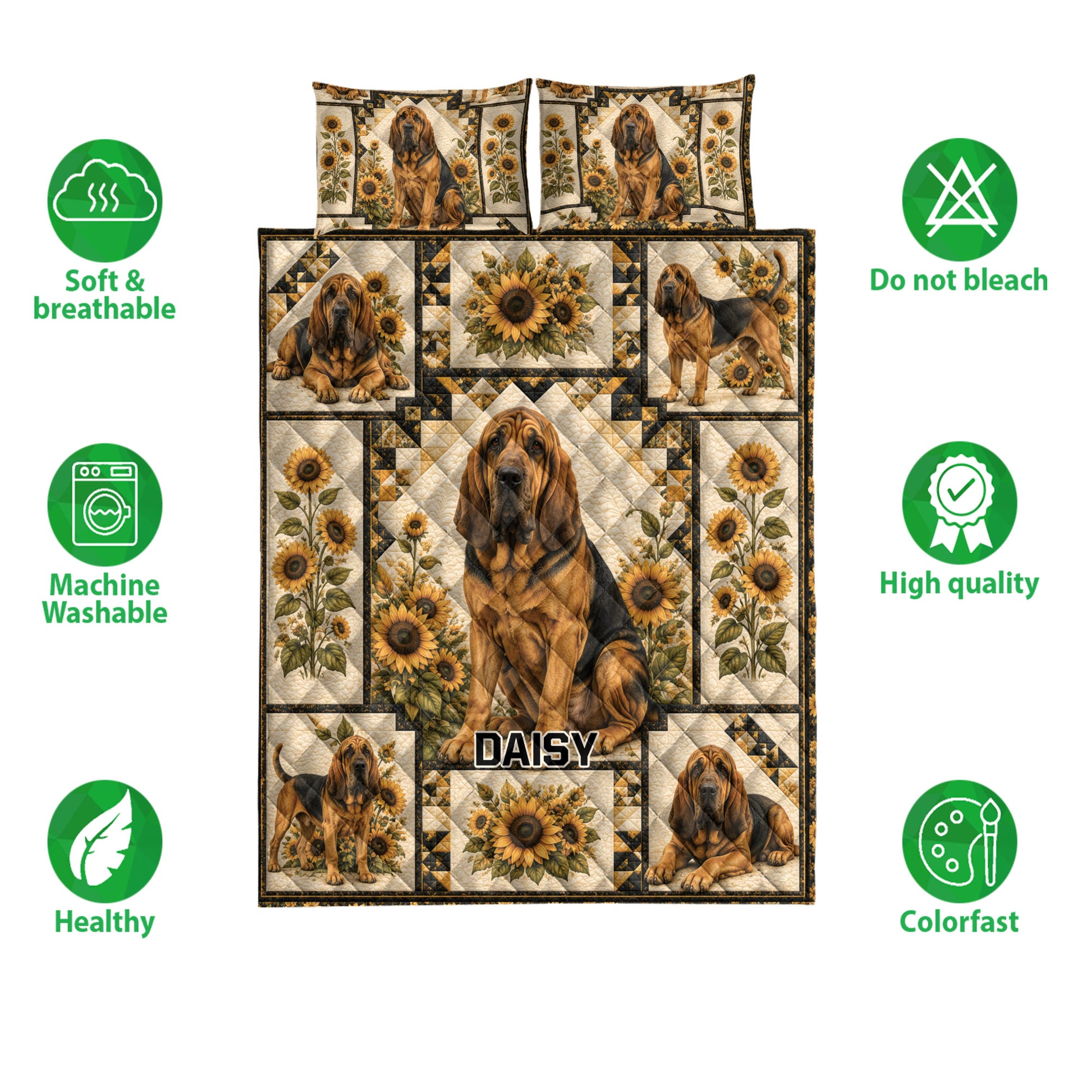 Bloodhound quilt bedding set displayed with sunflower panels and soft bedroom textile features