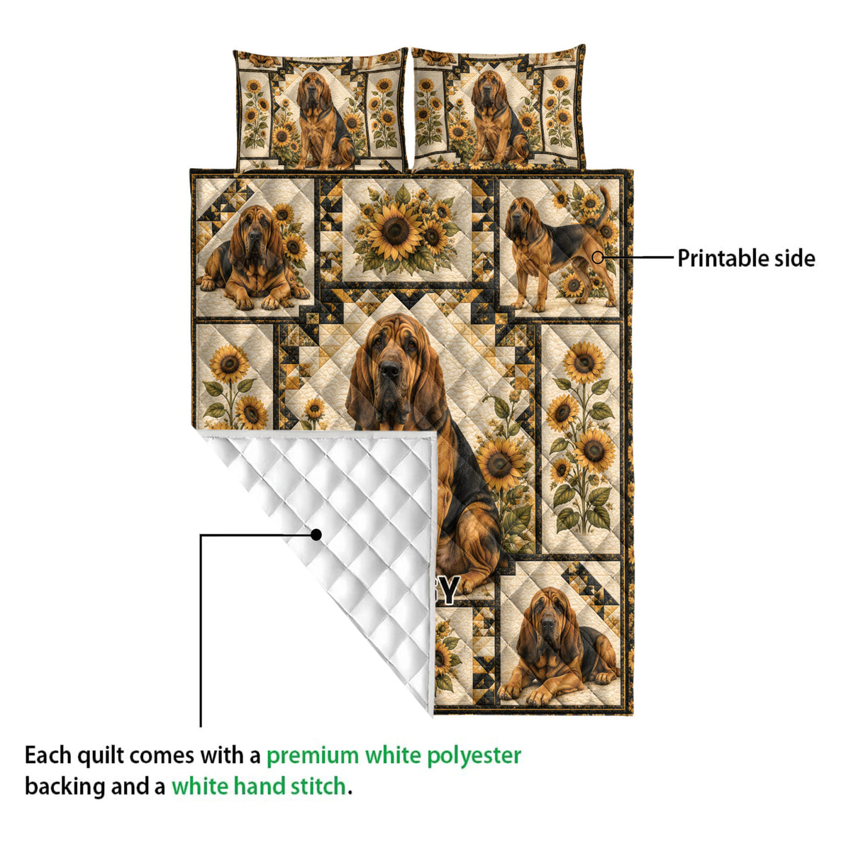 Bloodhound quilt blanket showing the printed front design and white quilted backing