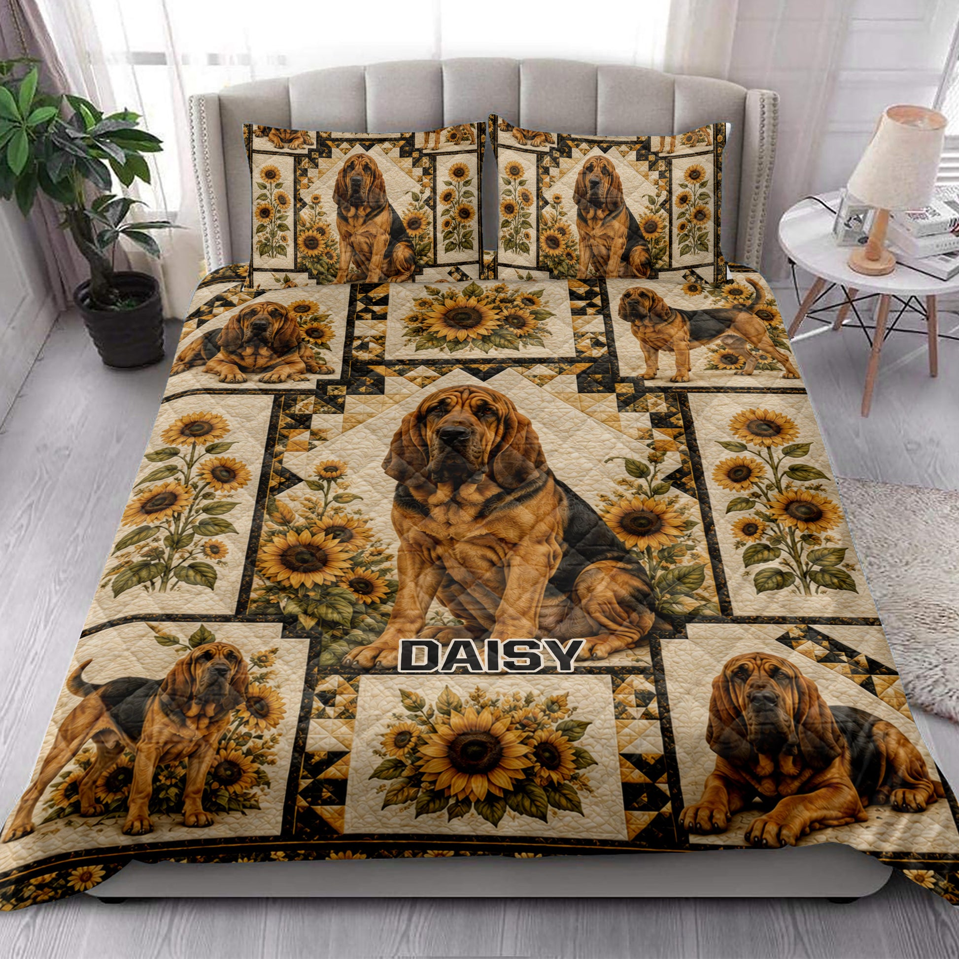Bloodhound quilt blanket bedding set styled in a bright bedroom with sunflower artwork