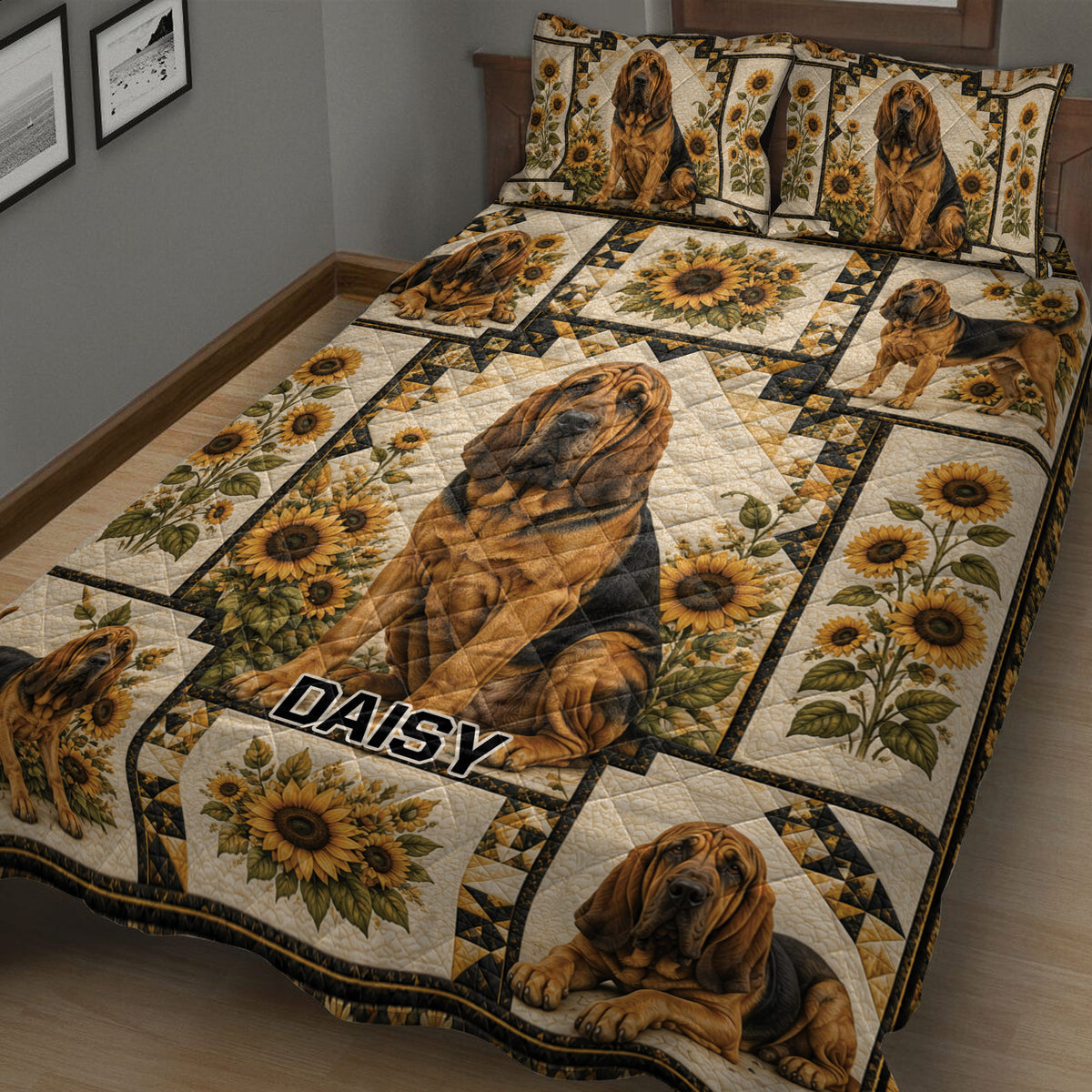 Bloodhound quilt bedding set with realistic dog portraits and sunflower bedroom decor