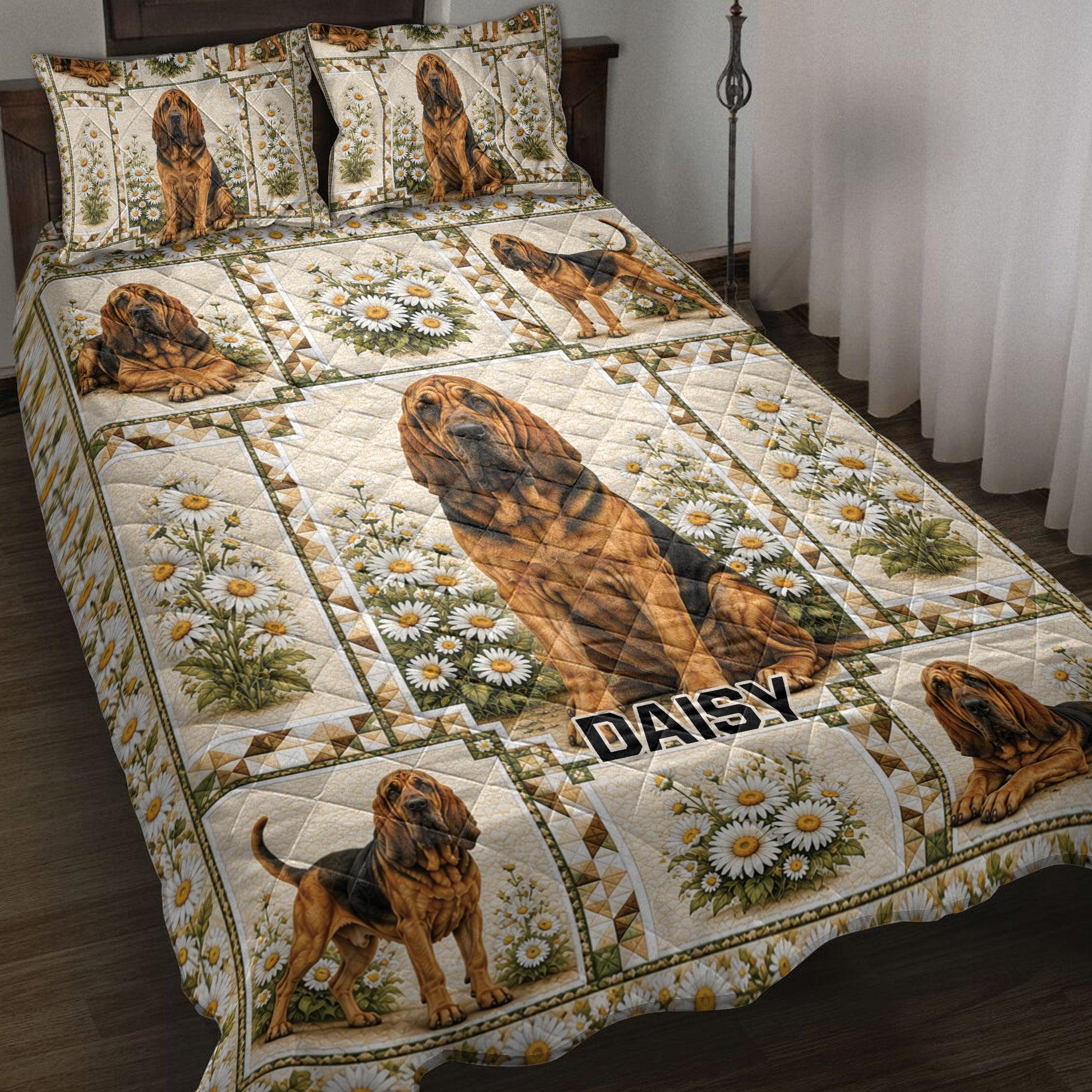 Bloodhound quilt blanket spread across a bed with daisy artwork and decorative patchwork panels