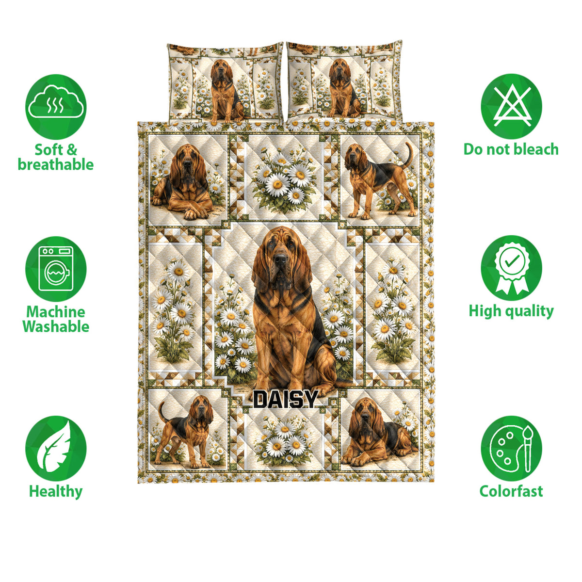 Bloodhound quilt bedding set displayed with daisy panels and product feature callouts