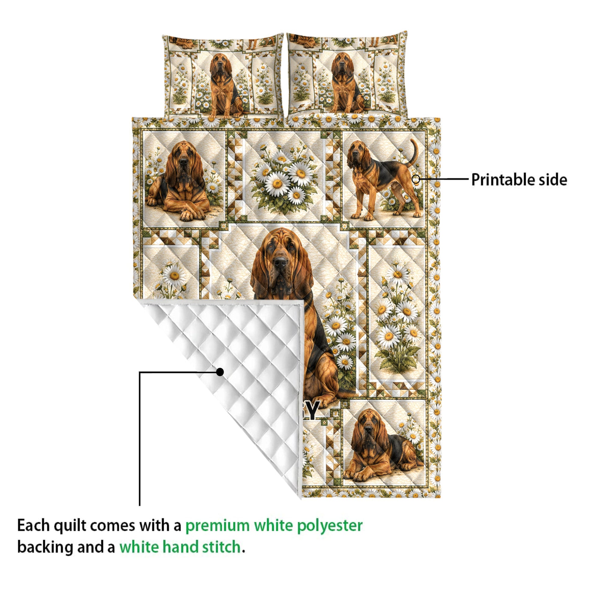 Bloodhound quilt showing the vibrant printed side and white diamond-stitched backing