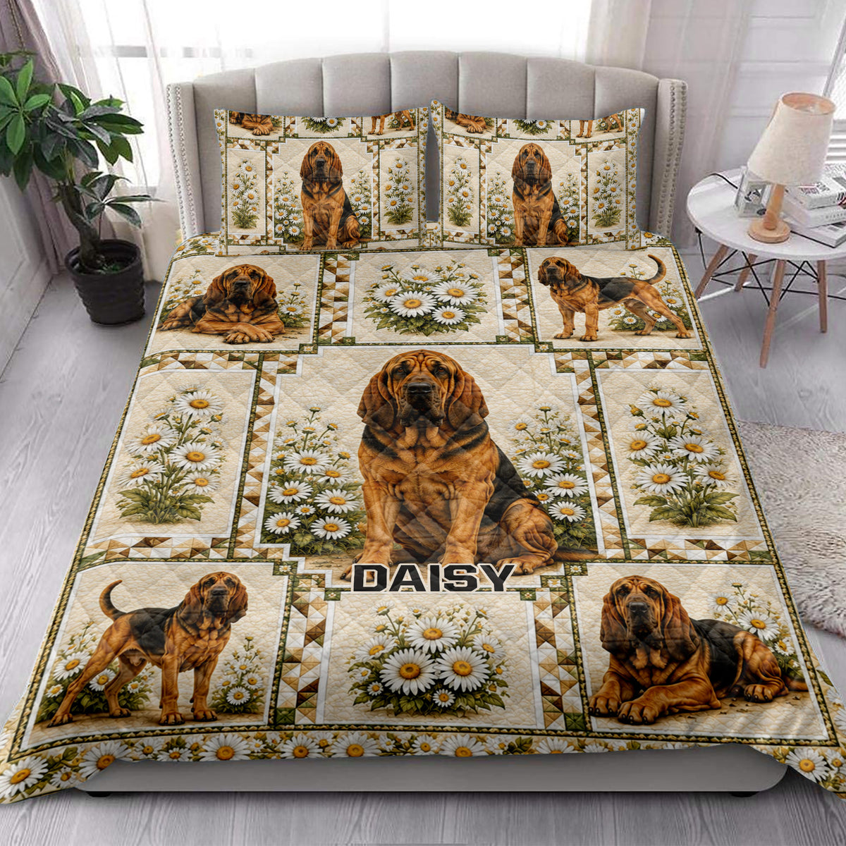 Bloodhound quilt blanket styled on a bedroom bed with matching daisy and hound artwork