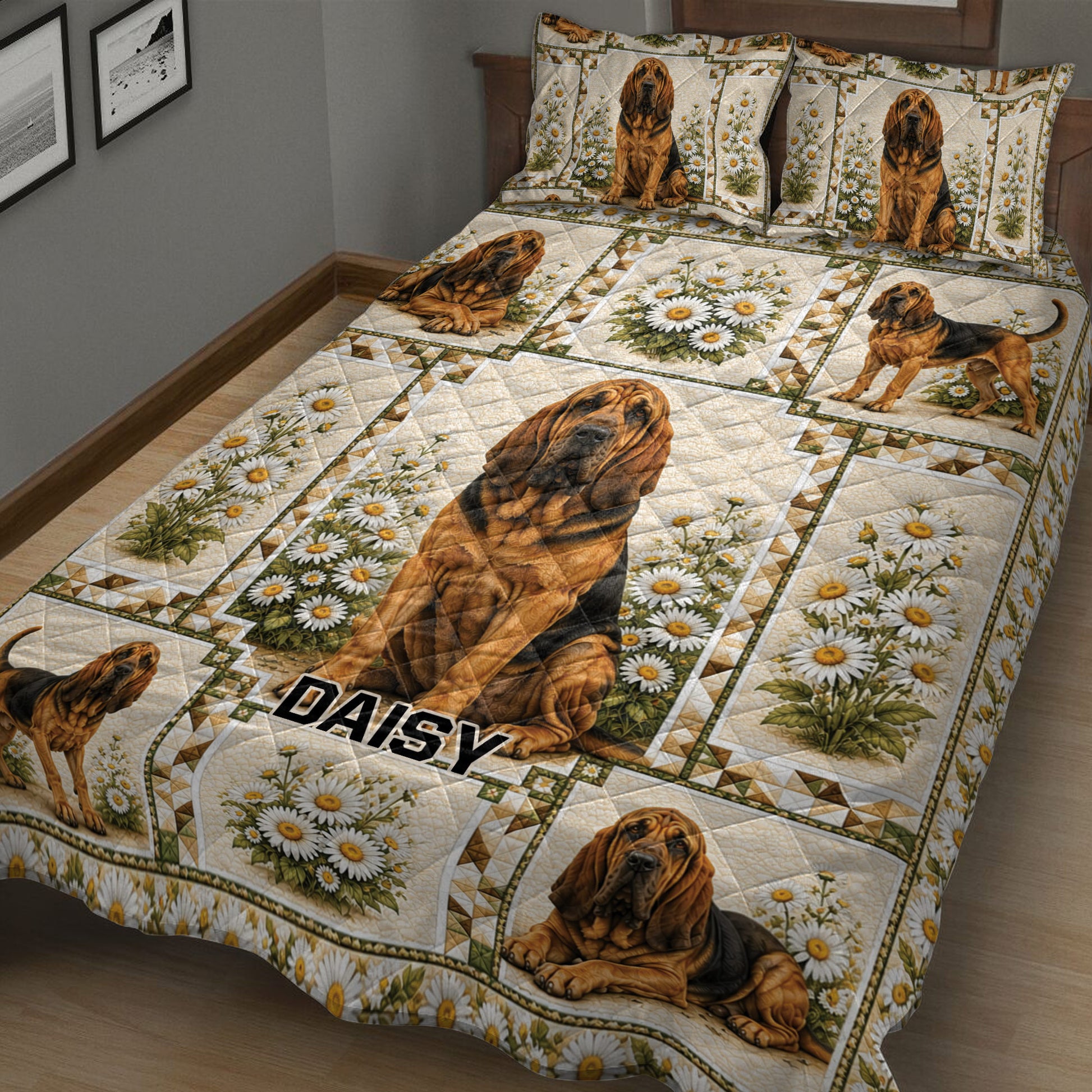 Close bedroom view of a Bloodhound quilt covered in realistic hound portraits and daisies