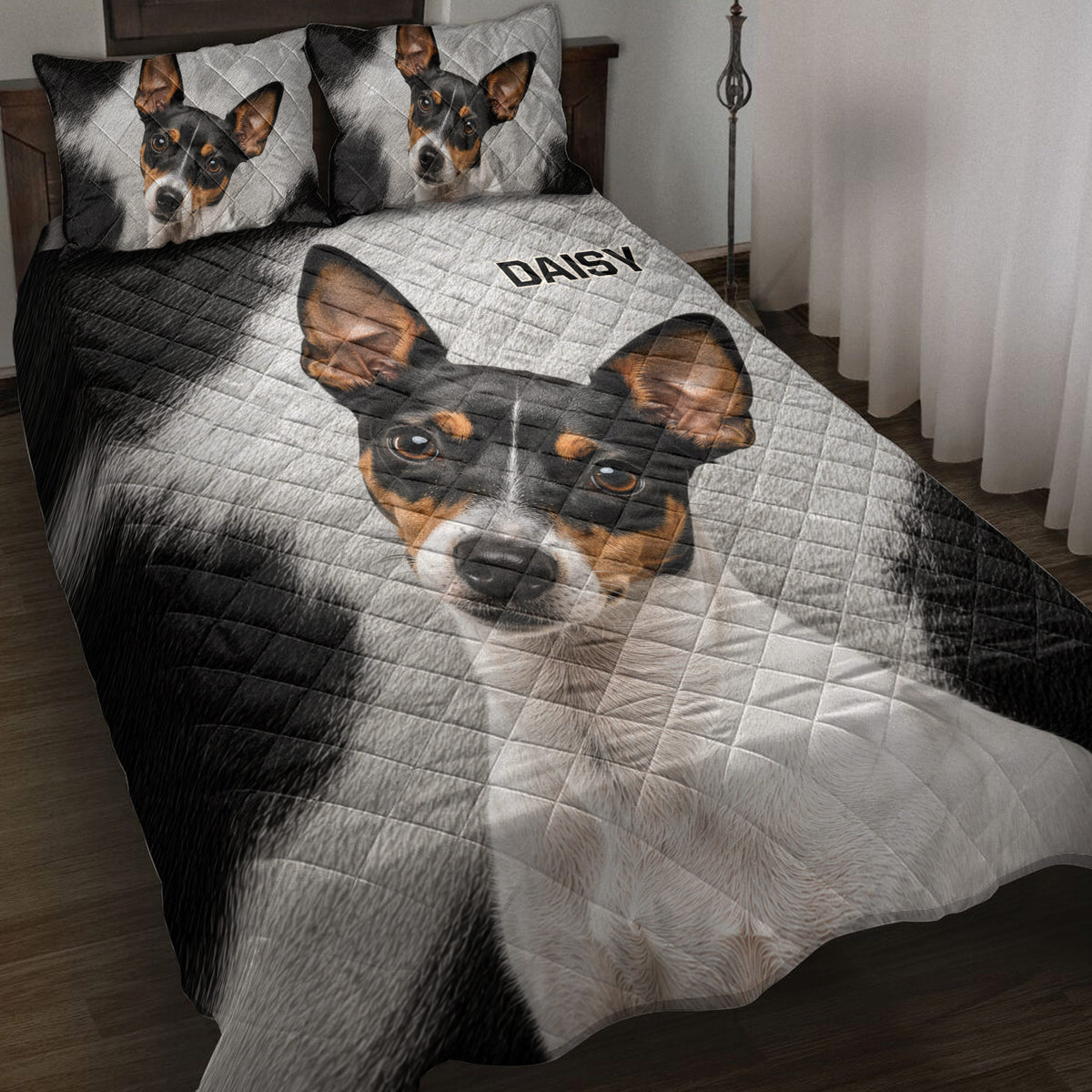 Rat Terrier quilt blanket displayed on a bed with matching dog portrait bedding accents