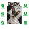 Rat Terrier quilt bedding set with black, white, and tan dog artwork and feature icons