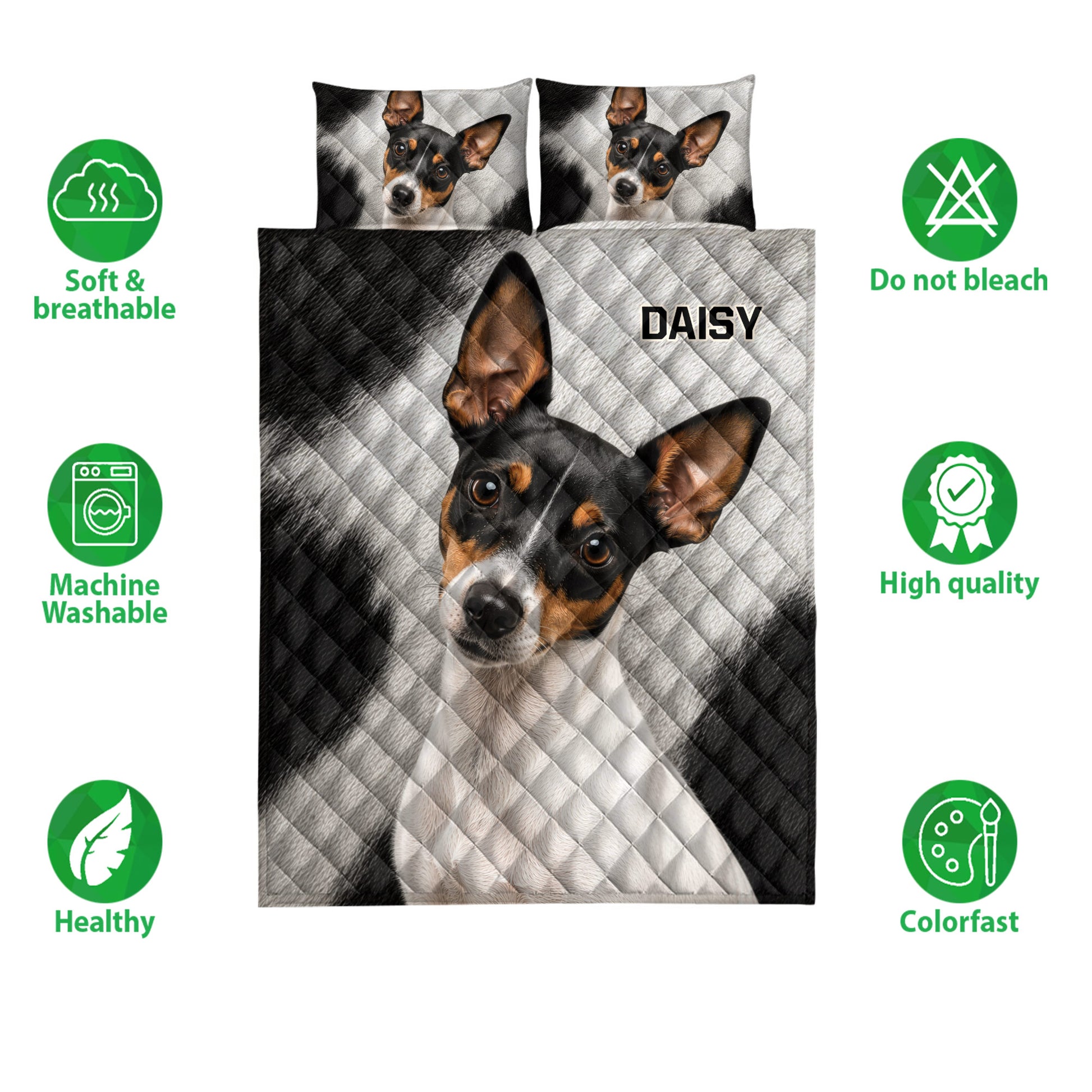 Rat Terrier quilt bedding set with black, white, and tan dog artwork and feature icons
