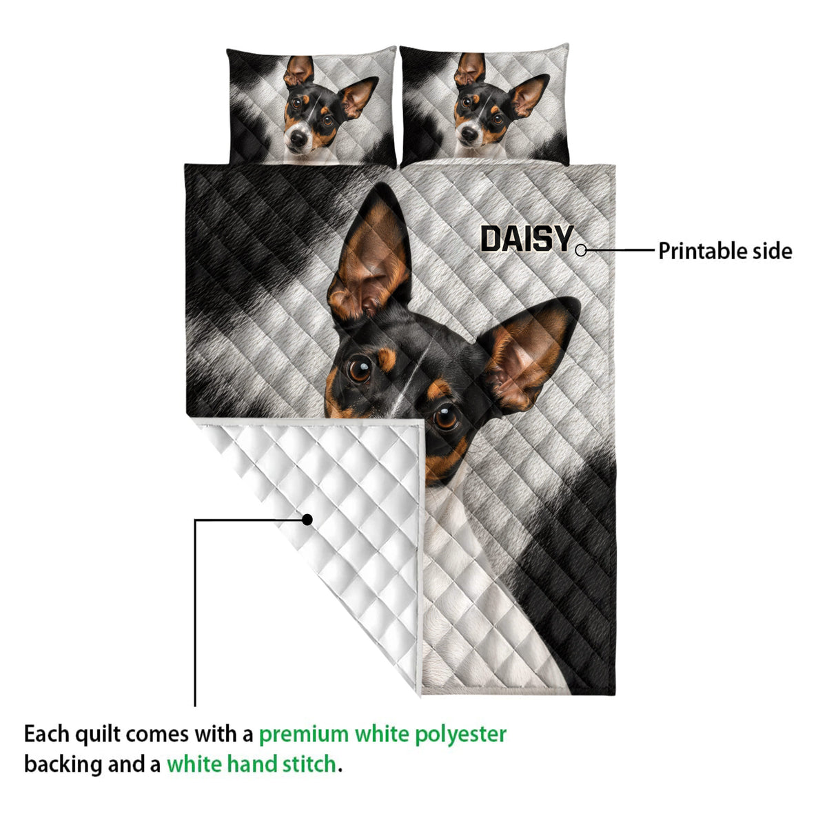 Rat Terrier quilt showing the printed front and white quilted backing detail