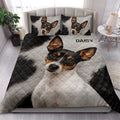Rat Terrier quilt blanket styled in a bright bedroom with matching dog portrait accents