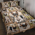 Rat Terrier quilt blanket displayed on a bed with multiple realistic dog portraits, paw prints, and rustic panel artwork