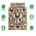 Rat Terrier quilt bedding set shown with repeated dog portraits and feature icons highlighting softness, washability, and color