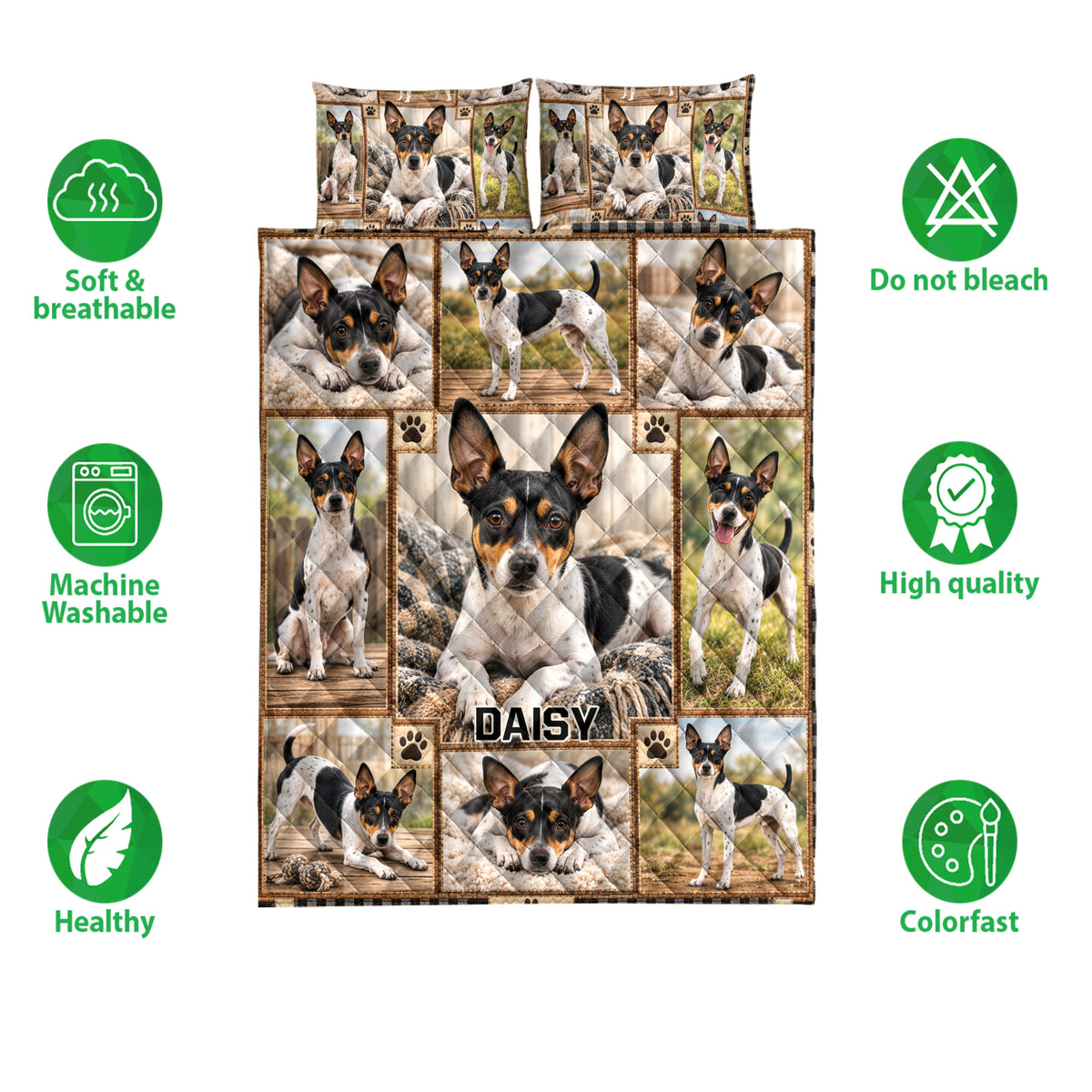 Rat Terrier quilt bedding set shown with repeated dog portraits and feature icons highlighting softness, washability, and color