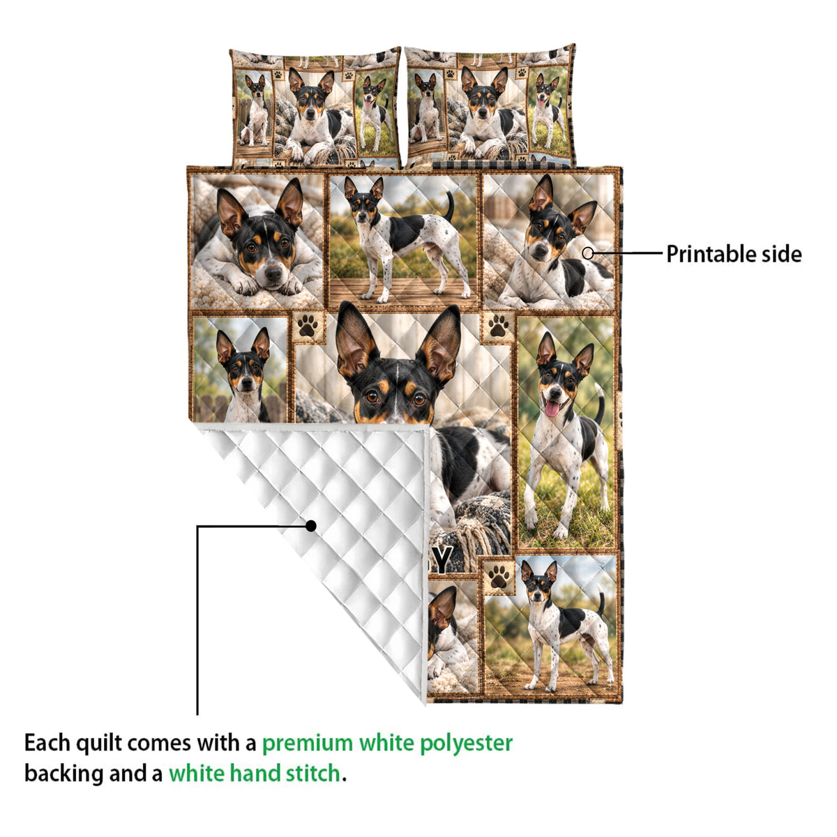 Rat Terrier quilt detail showing the printed front, white quilted backing, and stitched construction