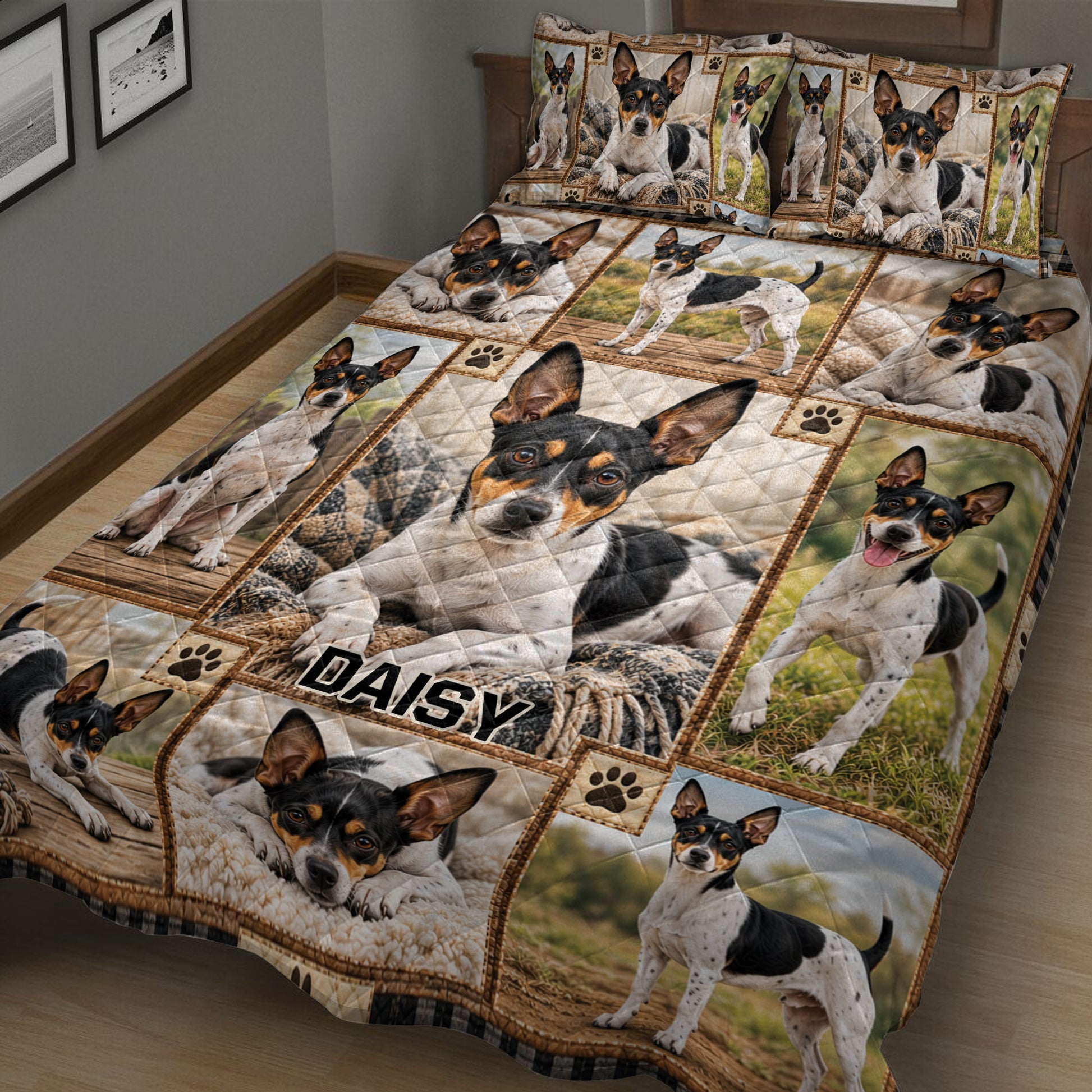 Rat Terrier quilt blanket displayed on a bed with realistic standing and resting dogs in a scenic collage design