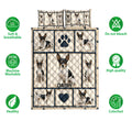 Rat Terrier quilt bedding set shown flat with repeated dog artwork, paw print details, and care feature icons