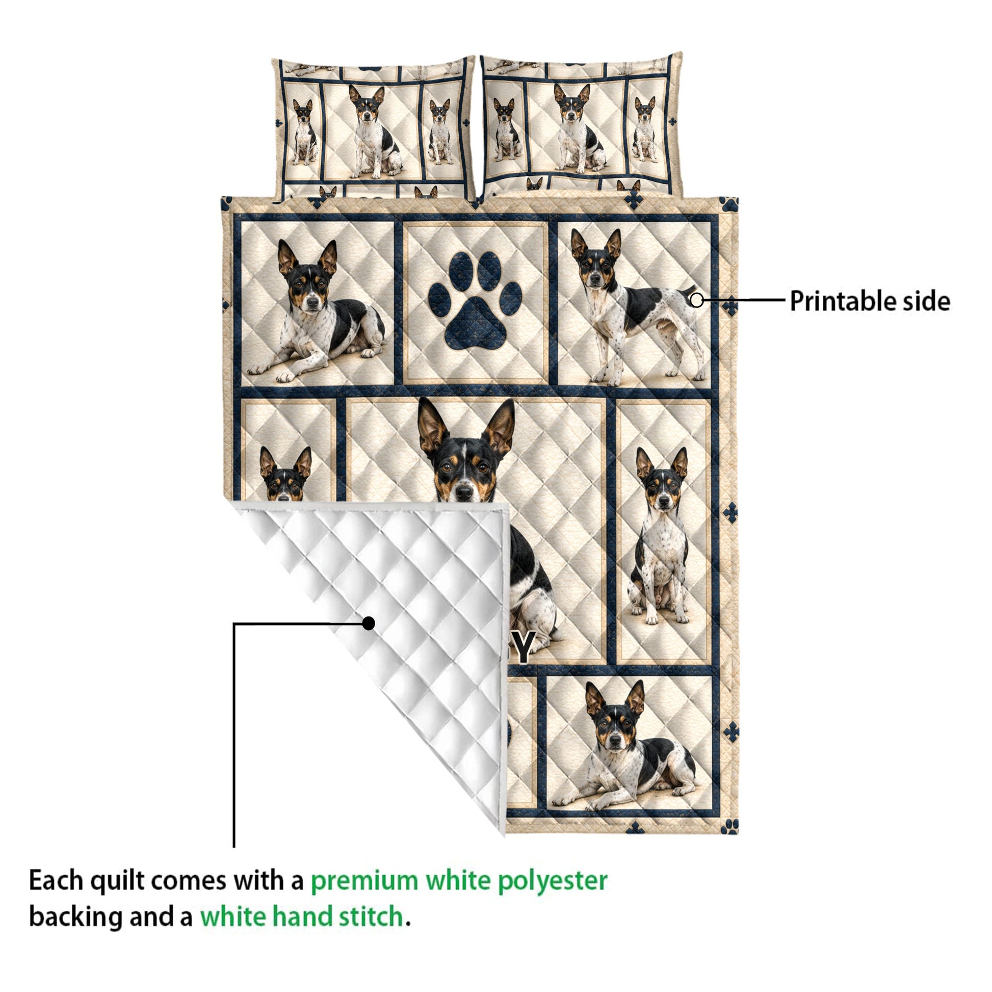 Rat Terrier quilt showing the printed dog artwork, quilted reverse, and overall bedding construction