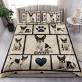 Rat Terrier quilt blanket styled on a bed in a bright bedroom with dog portraits, paw prints, and heart motifs