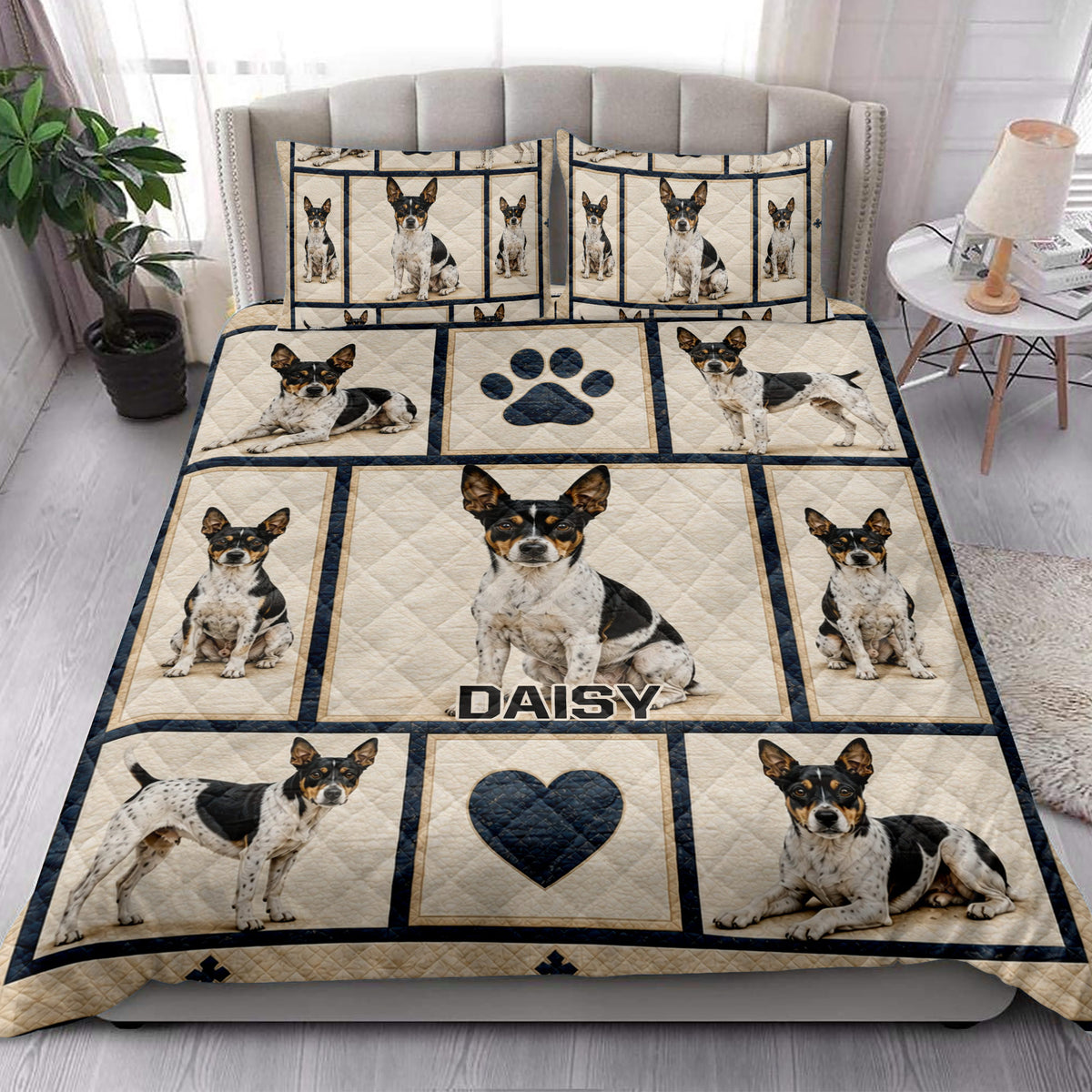 Rat Terrier quilt blanket styled on a bed in a bright bedroom with dog portraits, paw prints, and heart motifs