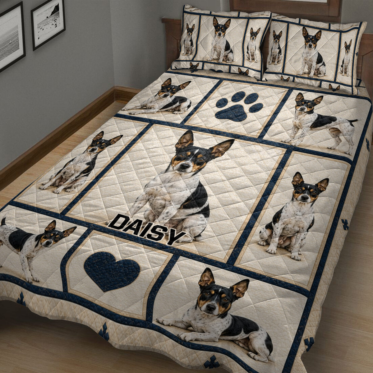 Rat Terrier quilt blanket shown in a bedroom with repeated black, white, and tan dog portraits